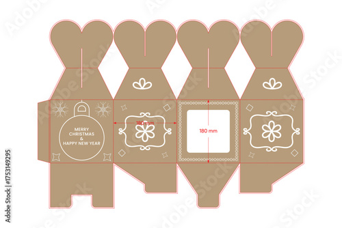Decorative holiday gift box dieline mockup packaging template for invitation design