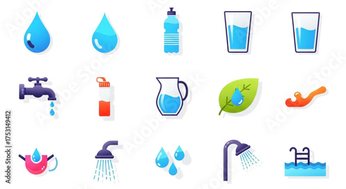 A collection of waterrelated icons, featuring water drops, bottles, glasses, taps, showers, and swimming pools in a flat design