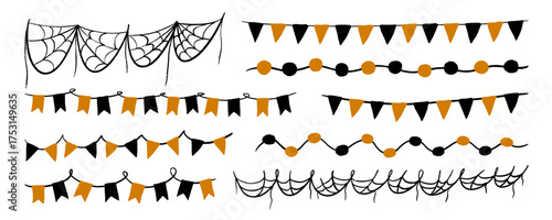 Halloween web bunting and pennant banner for party holiday decor. Black rope cobweb chain with simple hand drawn lines. Autumn fairground template for spooky card design. Isolated vector illustration