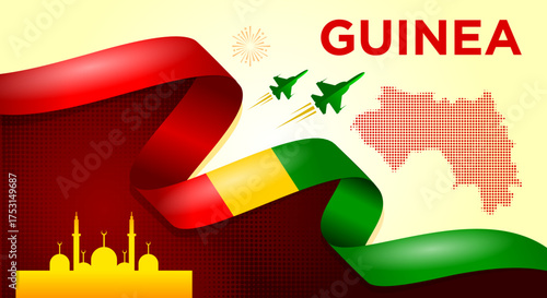 Guinea Independence Day Banner with Flag Ribbon and Landmarks