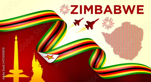 Zimbabwe Independence Day Banner with Flag Ribbon and Landmarks