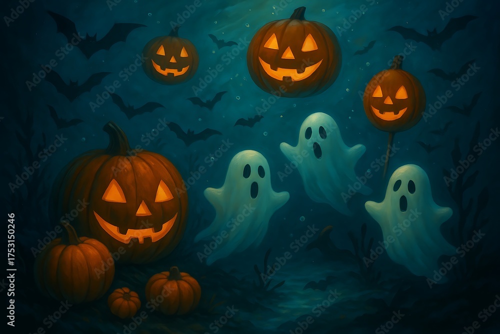 Naklejka premium Spooky halloween scene with glowing jack o lanterns and playful ghosts