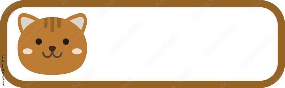 Obraz premium Cute cat character with blank grey banner frame, kawaii kitten vector illustration for school name tag or message board