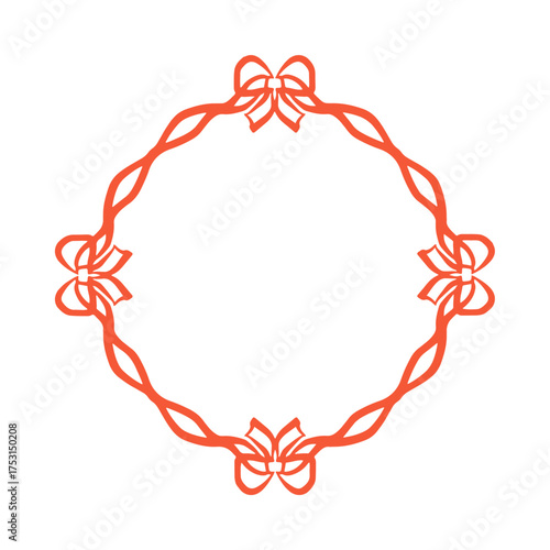Hand drawn round frame made of red ribbons and bows. Elegant border for christmas, valentine, birthday, anniversary, wedding invitations and special occasions. Vector