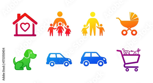 Collection of colorful family and lifestyle icons, representing home, love, family, pets, transportation, and shopping