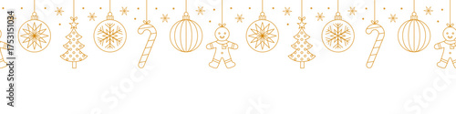 Vector christmas decorative seamless pattern with gold line art ornaments on white background