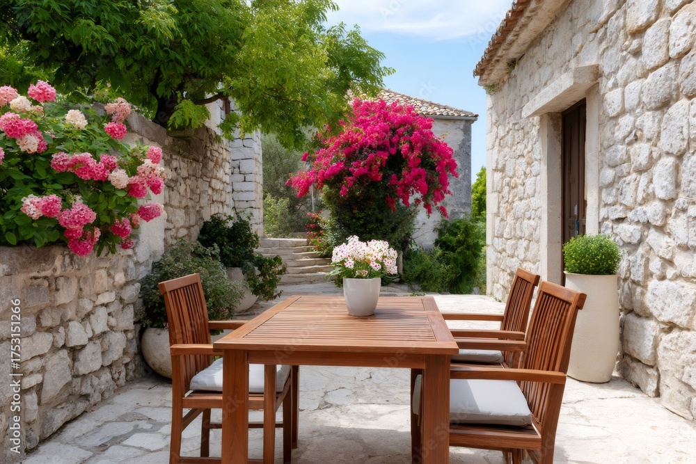 Naklejka premium Mediterranean stone patio with bougainvillea and flowers