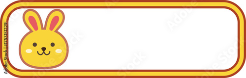 Cute bunny character with blank orange banner frame, kawaii rabbit vector illustration for school name tag or message board