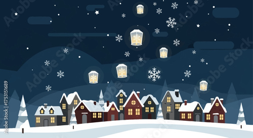 Cozy Winter Village Scene with Glowing Houses and Snowfall.
