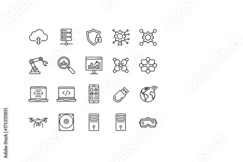 Set of thin linear technology icons for data, network, cybersecurity, AI, programming, analytics, devices, drone, computer hardware, and virtual reality concepts