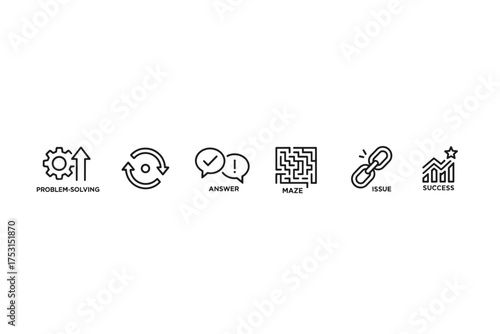 Problem solving and success icon set including solutions, answers, issues, maze challenges, broken link problems, and growth success symbols for business and strategy concepts