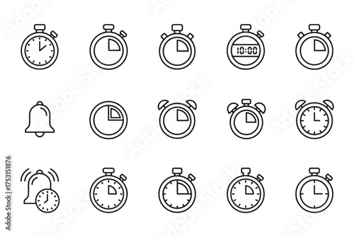 Stopwatch and Timer Icon Set with Alarm Symbols, Digital and Analog Clock Timer, Countdown and Alarm Bell, Linear Outline Style for Time Management and Sports Timing