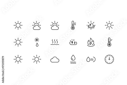 Weather icons set with sunny, sunlight, solar heat, thermometer, fire, water drop, cloud, humidity, and time symbols for meteorology and climate vector design