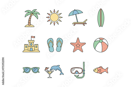 Summer Beach Stickers Tropical Vacation Icons Set with Palm Tree, Sun, Surfboard, Sandcastle, Flip Flops, Starfish, Beach Ball, Sunglasses, Cocktail, Dolphin, Snorkel Mask, and Fish