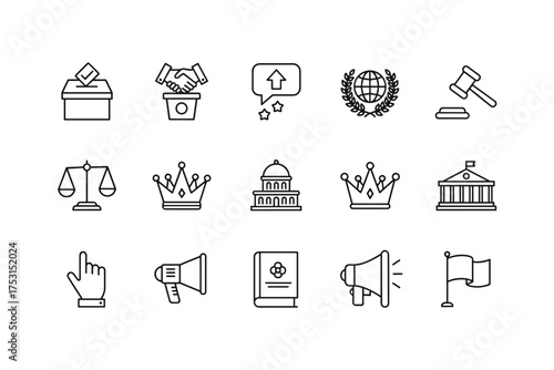 Set of political outline icons with voting box, handshake, speech bubble, global emblem, gavel, scales, kings crown, government buildings, hand cursor, megaphone, and flag in minimalist design
