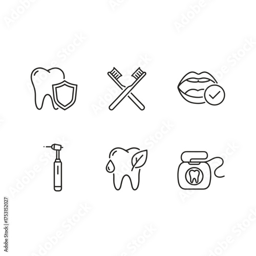 Dental care and stomatology pixel perfect linear icons set. Oral hygiene concepts. Tooth protection, toothbrush, healthy smile, dentist drill, natural care, dental floss symbols.