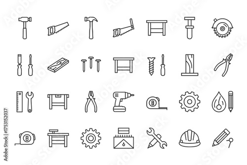 Set of detailed outline carpenter tools icons including hammer saw screwdriver pliers drill tape measure wrench gear pencil and workbench symbols for construction and woodworking