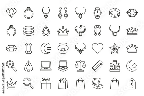 Jewelry line icon set. Vector symbols of diamond, ring, necklace, luxury gift. Outline pictogram collection for wedding, engagement, shopping, fashion, web and mobile design.