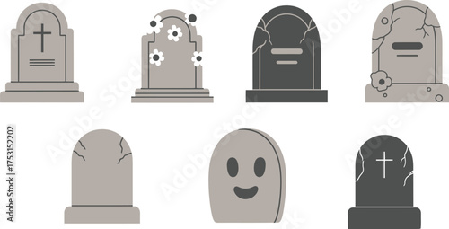 Old Gravestone and Tombstone Collection Vector Illustration Set for Halloween