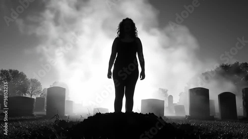 Eerie Graveyard Silhouette - A Haunting Encounter in the Mist.