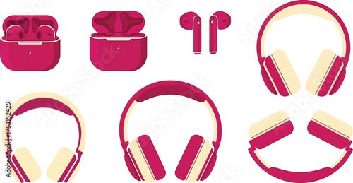 Trendy Magenta Wireless Audio Devices Vector Set: Headphones and Earbuds with Case