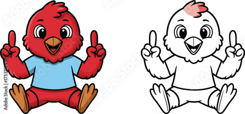 Cartoon red bird character pointing upward, cheerful expression, blue shirt, outline and colored version, kids coloring page, educational drawing activity illustration