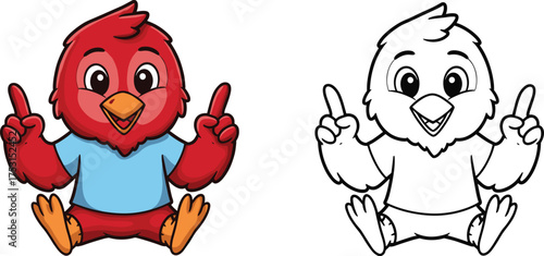 Cartoon red bird character pointing upward, cheerful expression, blue shirt, outline and colored version, kids coloring page, educational drawing illustration