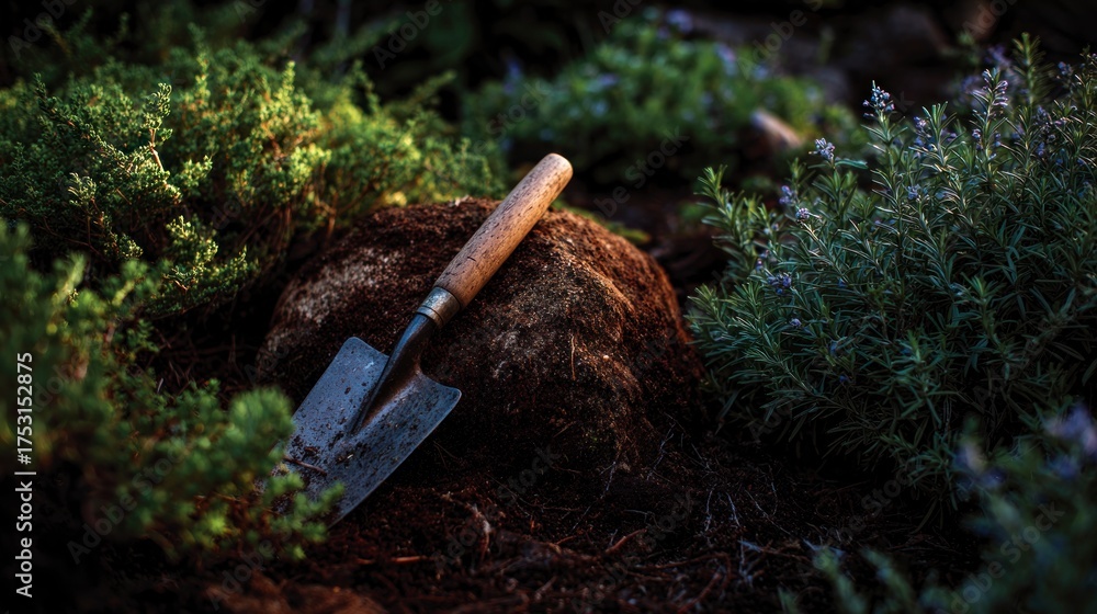 Fototapeta premium Gardening tools in garden soil