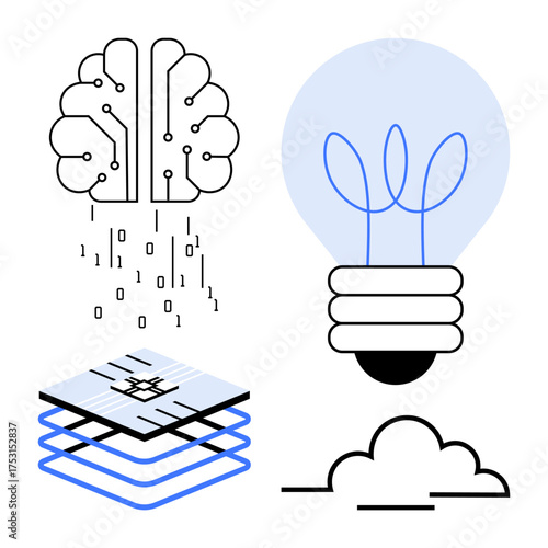 Brain with binary code, light bulb with sprouts, circuit layers, and cloud outline. Ideal for AI, innovation, technology, creativity, digital transformation cloud computing simple flat metaphor
