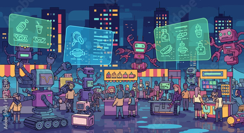 Cyberpunk Market Scene with Futuristic Stalls and Holographic Displays.