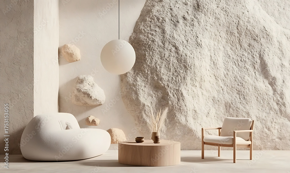 Obraz premium Modern interior design of living room featuring white bean bag chair, wooden coffee table, and minimalist decor with natural stone wall elements