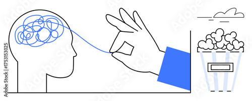Hand untangling a chaotic brain thread, popcorn box symbolizing ideas, cloud for inspiration. Ideal for creativity, problem-solving, mental clarity, innovation, mindfulness, brainstorming