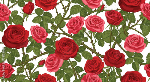 A vibrant tapestry of red and pink roses interwoven with lush green leaves and thorny stems.