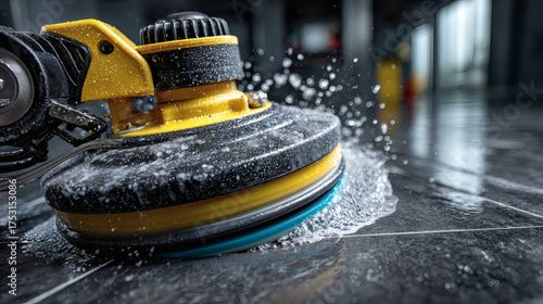 Cleaning the floor with a mop and detergent on the parquet floor at home, mop close-up, house cleaning and cleanliness concept