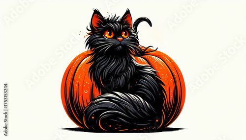 Fluffy black cat with intense orange eyes sitting and Halloween pumpkin on a white background. Spooky, cute, festive.
