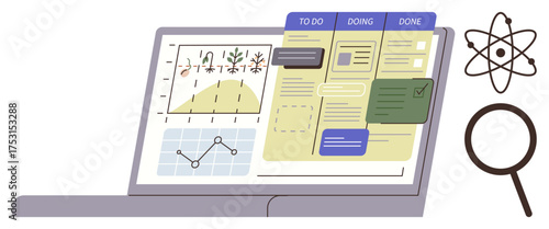 Laptop screen with charts, task management board, data logs, atom representation, and magnifying glass. Ideal for productivity, analytics, workflow research education planning science themes. A