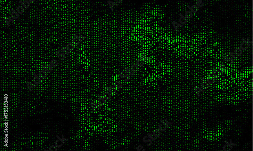 Digital matrix rain with vertical green code lines of dots on black background. Vector halftone illustration
