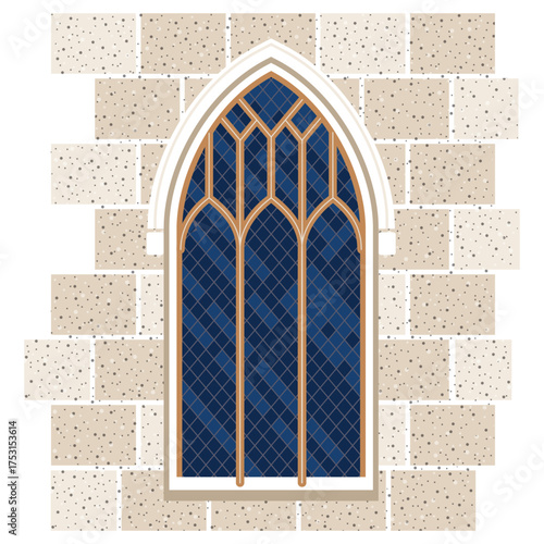 Gothic window against a stone wall, traditional for an old European castle, is made in a flat style and highlighted on a white background. detail of a feudal castle. stock vector illustration. EPS 10