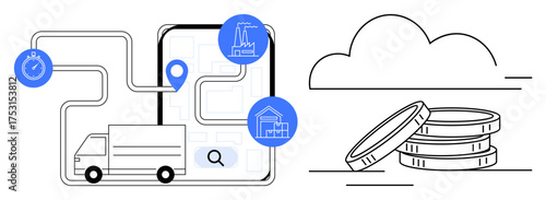 Delivery truck on route, stopwatch, map on phone screen, coins, cloud. Ideal for logistics, supply chain, e-commerce delivery apps tracking financial management digital tools. Simple flat