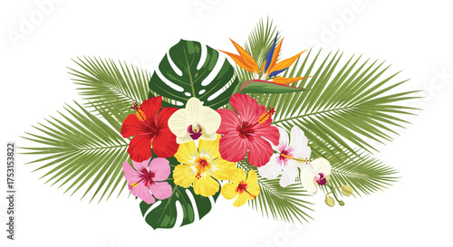 A vibrant tropical floral arrangement featuring exotic flowers and lush green foliage.