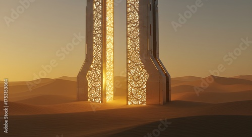 A glowing futuristic desert gate with arabesque motifs