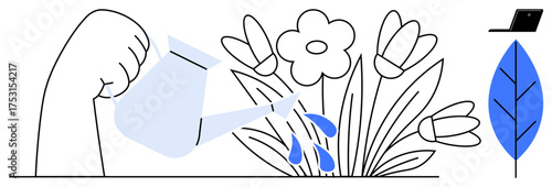Hand watering blooming flowers, nurturing growth with drops of water. Laptop and leaf represent balance, growth, nature, and technology. Ideal for environment, sustainability, productivity care