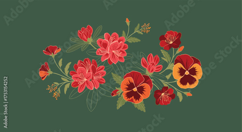A colorful assortment of vintage floral embroidery depicting red carnations and pansies on a deep green background.