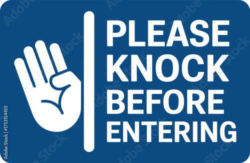 Vector Warning Sign: A Hand Icon with "Please Knock Before Entering" Text on a Blue Background.