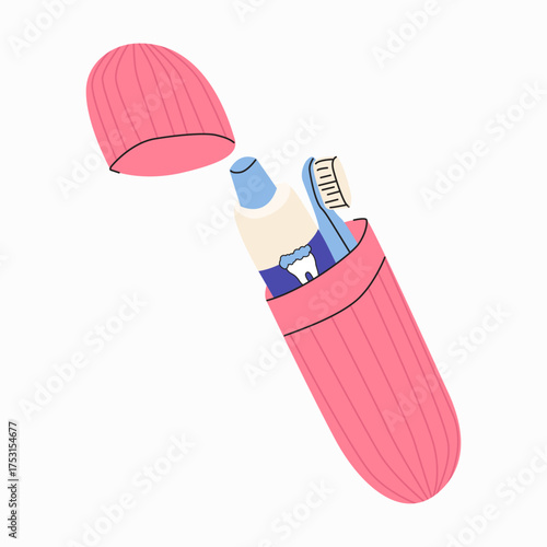 A toothbrush and toothpaste in a pink case. Travel toothbrush case. Toothbrush for oral hygiene. Oral care, water treatments. Flat vector illustration on a light background