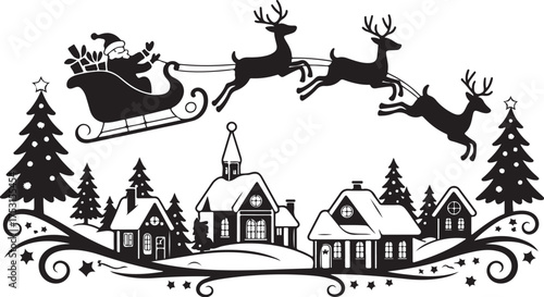 Santa's Sleigh Flying Over Snowy Christmas Village