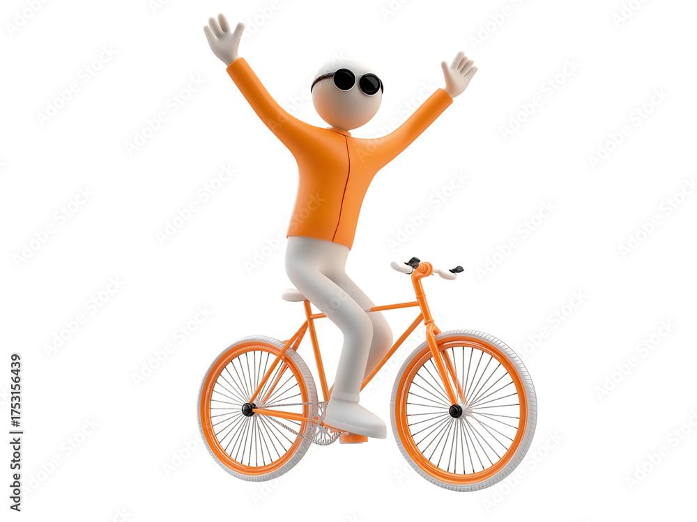 Fototapeta premium Man riding orange bicycle with arms raised isolated on a transparent background