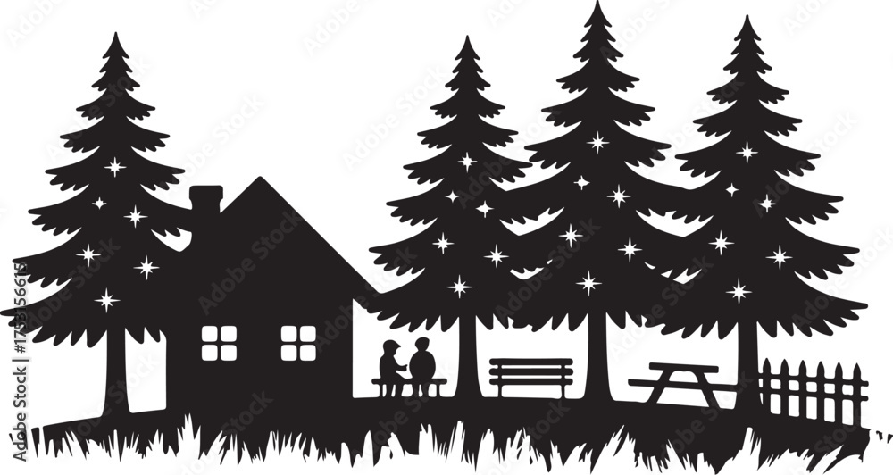 Obraz premium Wooden Log Cabin in Forest with Tall Pines and Mountain Landscape