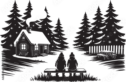 Wooden Log Cabin in Forest with Tall Pines and Mountain Landscape