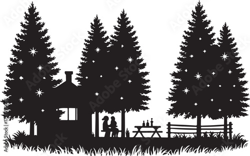 Wooden Log Cabin in Forest with Tall Pines and Mountain Landscape